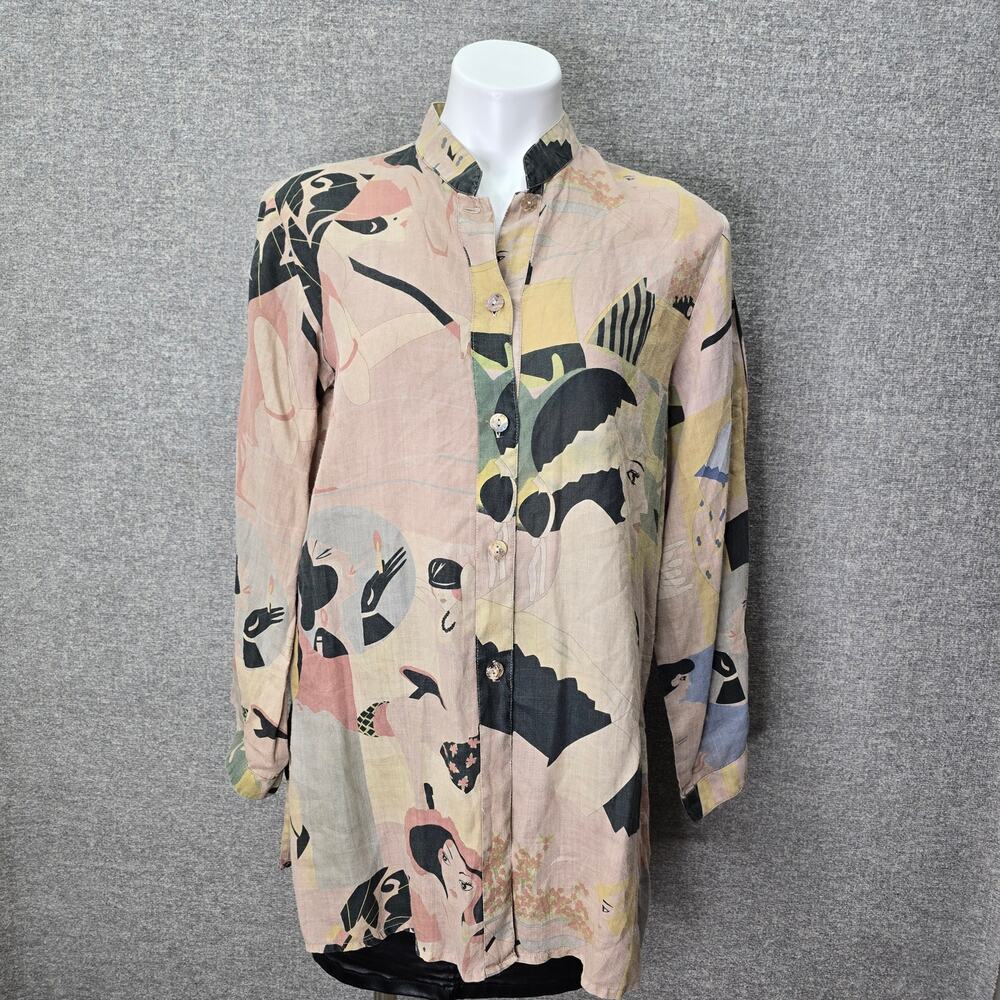 CITRON SANTA MONICA LINEN ARTSY PRINT BUTTON DOWN SHIRT, SIZE S